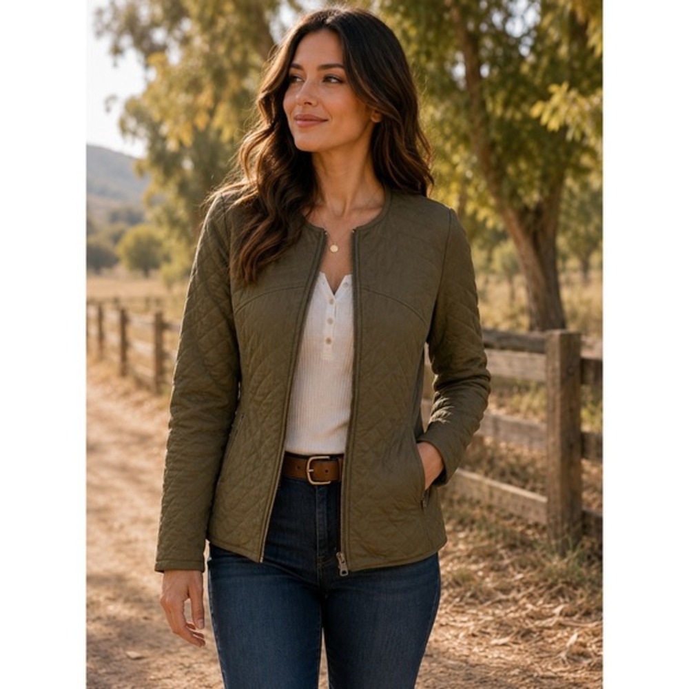 Lucky Brand Quilted Olive Jacket Small Zip Front‎ Military Utility Lightweight